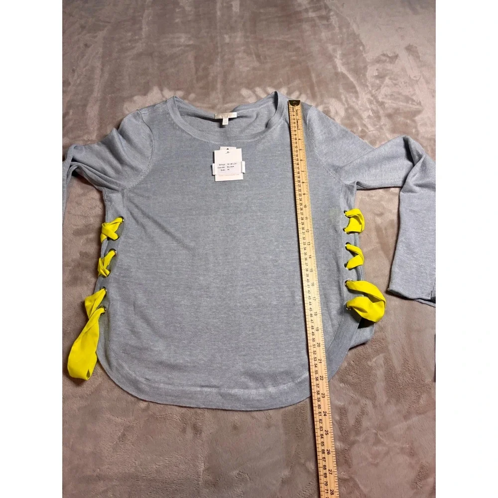 NWT Lisa Todd Explorer Knit Linen Sweater Grey Side Lace Up Yellow Ribbon M